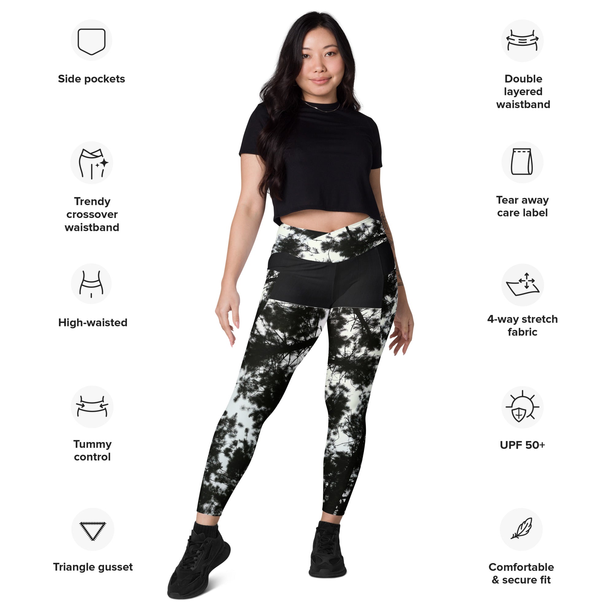 Workout or Dance Leggings with Pockets. Crossover Waist Yoga Pants- Black & White Leggings. WickedYo.